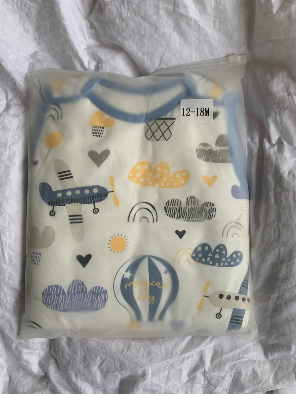 Unbranded Kids White Blue Yellow Airplane & Hot Air Balloon Sleepsack - 12-18M